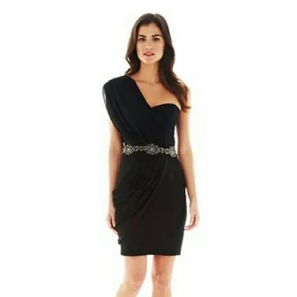 Pearl Georgina Chapman Marchesa Black One Shoulder Cocktail Dress Beaded sz 2